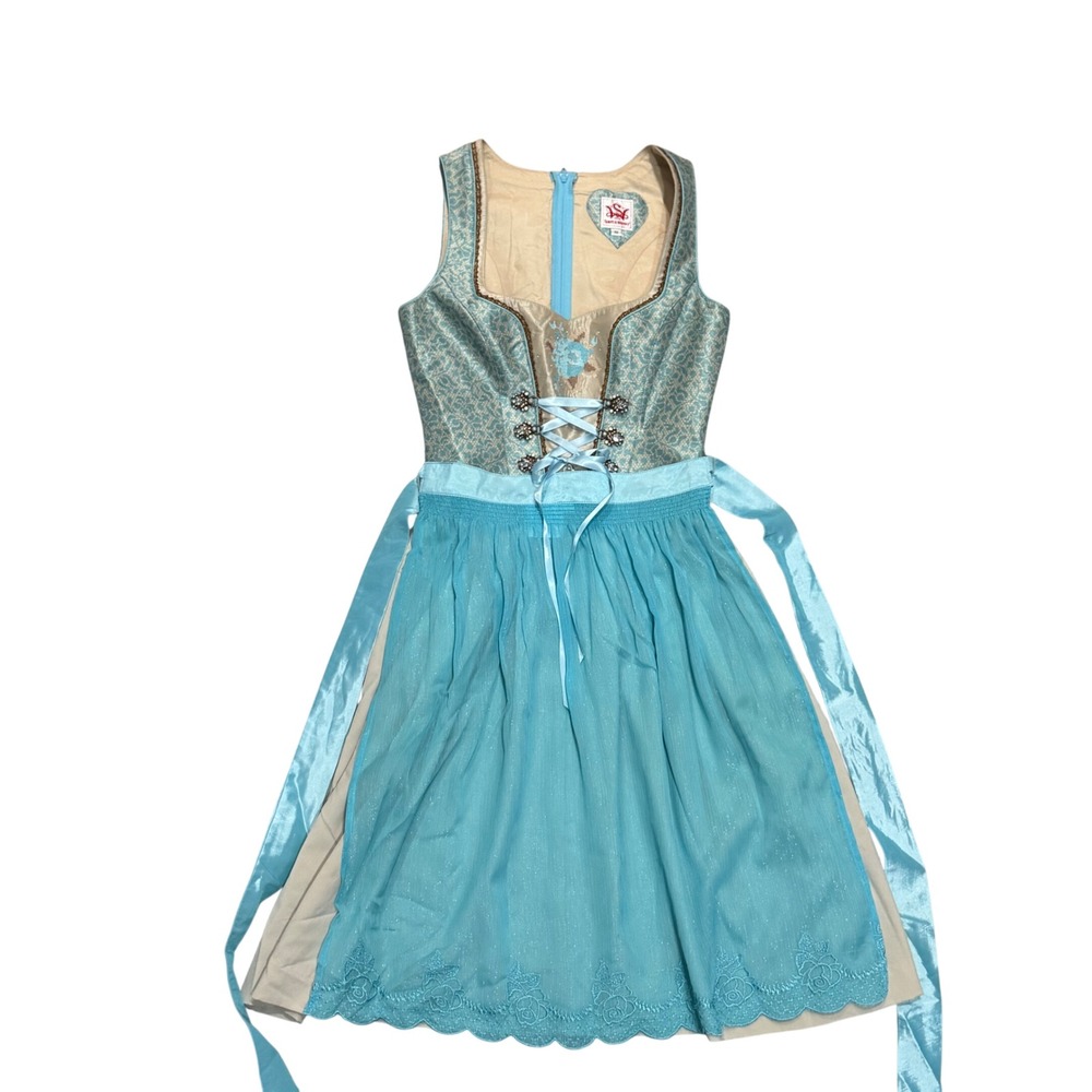 Spieth & Wensky Dirndl Dress 32 Blue Beige Octoberfest Embroidered Bavarian